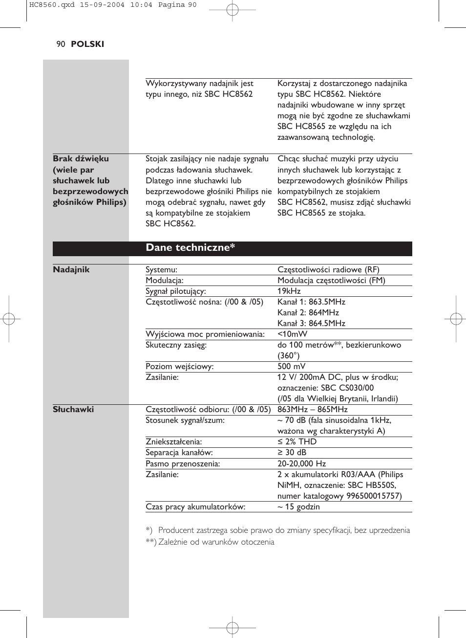 Dane techniczne | Philips HC 8560 User Manual | Page 90 / 142