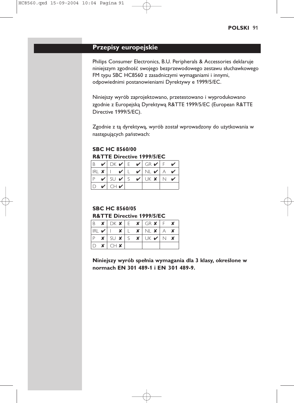 Przepisy europejskie | Philips HC 8560 User Manual | Page 91 / 142