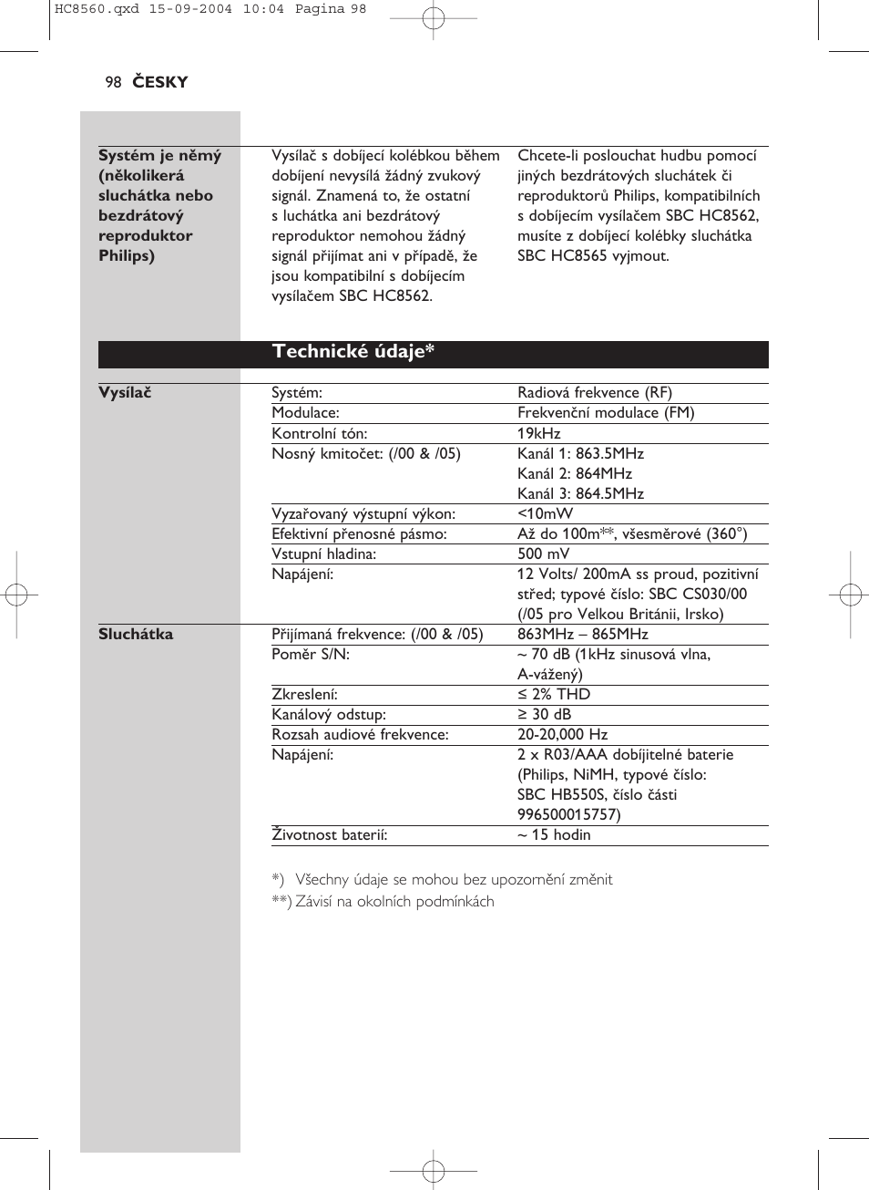 Technické údaje | Philips HC 8560 User Manual | Page 98 / 142