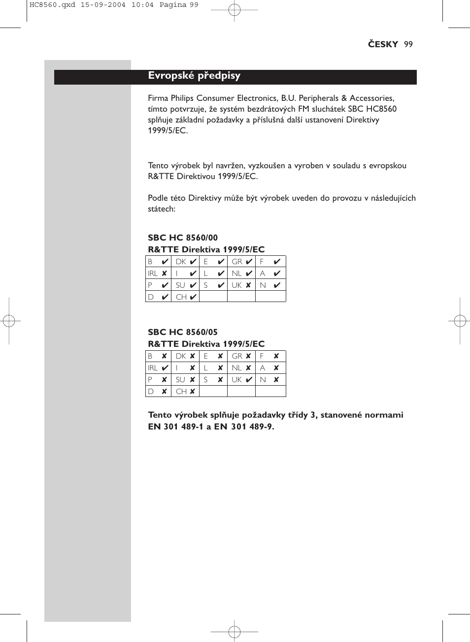 Evropské předpisy | Philips HC 8560 User Manual | Page 99 / 142