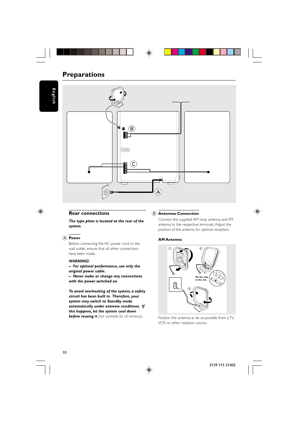 Preparations, Speaker (right) speaker (left), Rear connections | Fm wire antenna am loop antenna, Ac power cord | Philips FW-M355 User Manual | Page 10 / 31
