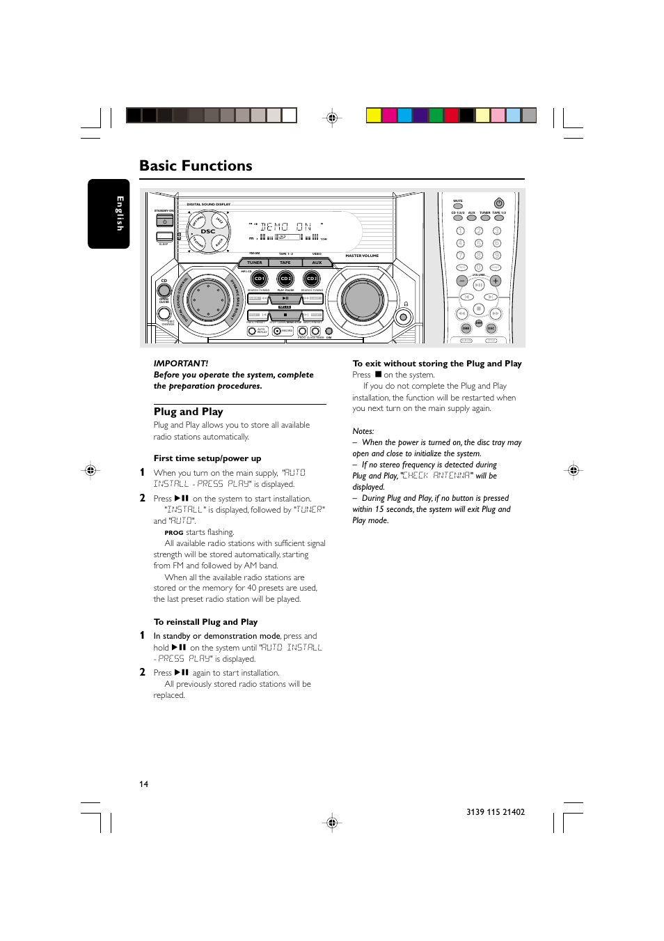 Basic functions, Plug and play | Philips FW-M355 User Manual | Page 14 / 31