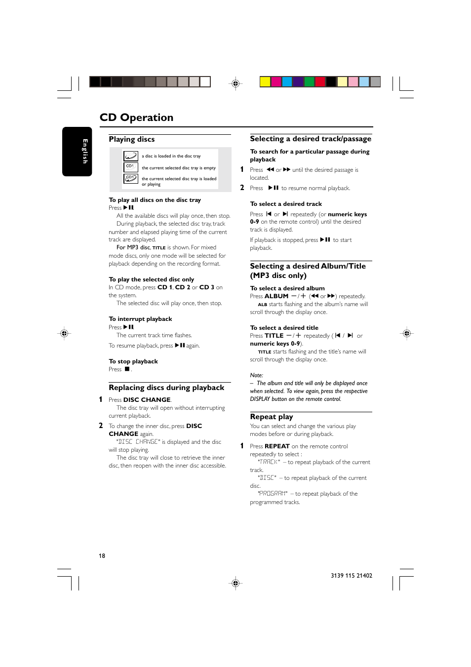 Cd operation, Playing discs, Replacing discs during playback 1 | Selecting a desired track/passage, Selecting a desired album/title (mp3 disc only), Repeat play | Philips FW-M355 User Manual | Page 18 / 31