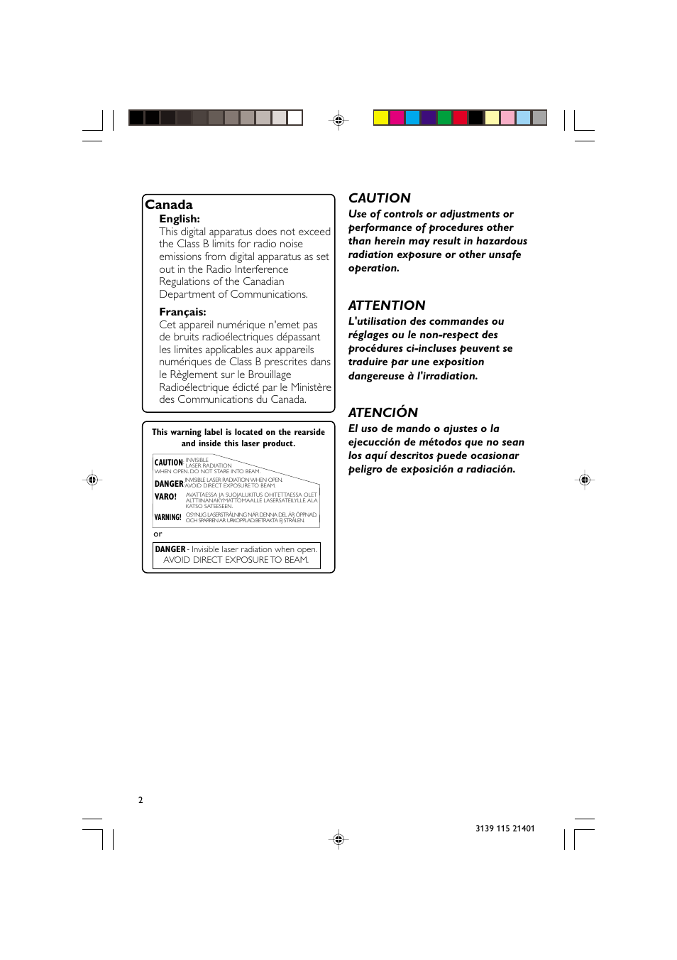 Canada, Caution, Attention | Atención | Philips FW-M355 User Manual | Page 2 / 31
