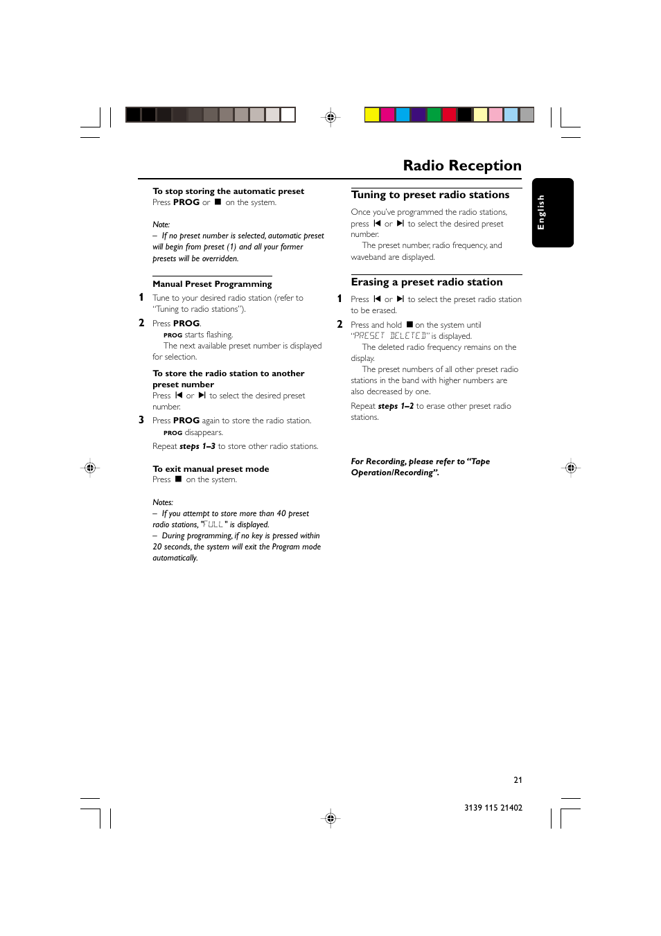 Radio reception, Tuning to preset radio stations, Erasing a preset radio station 1 | Philips FW-M355 User Manual | Page 21 / 31