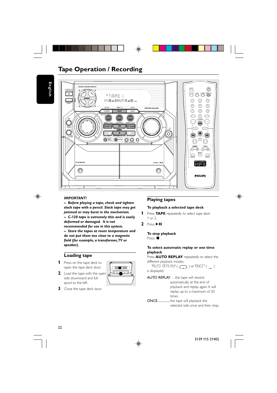 Tape operation / recording, Loading tape 1, Playing tapes | Press on the tape deck to open the tape deck door, Close the tape deck door, Press tape repeatedly to select tape deck 1 or 2 | Philips FW-M355 User Manual | Page 22 / 31