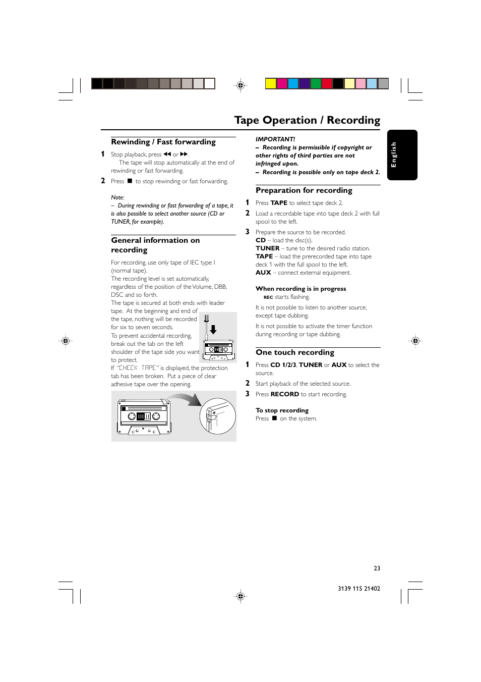Tape operation / recording | Philips FW-M355 User Manual | Page 23 / 31