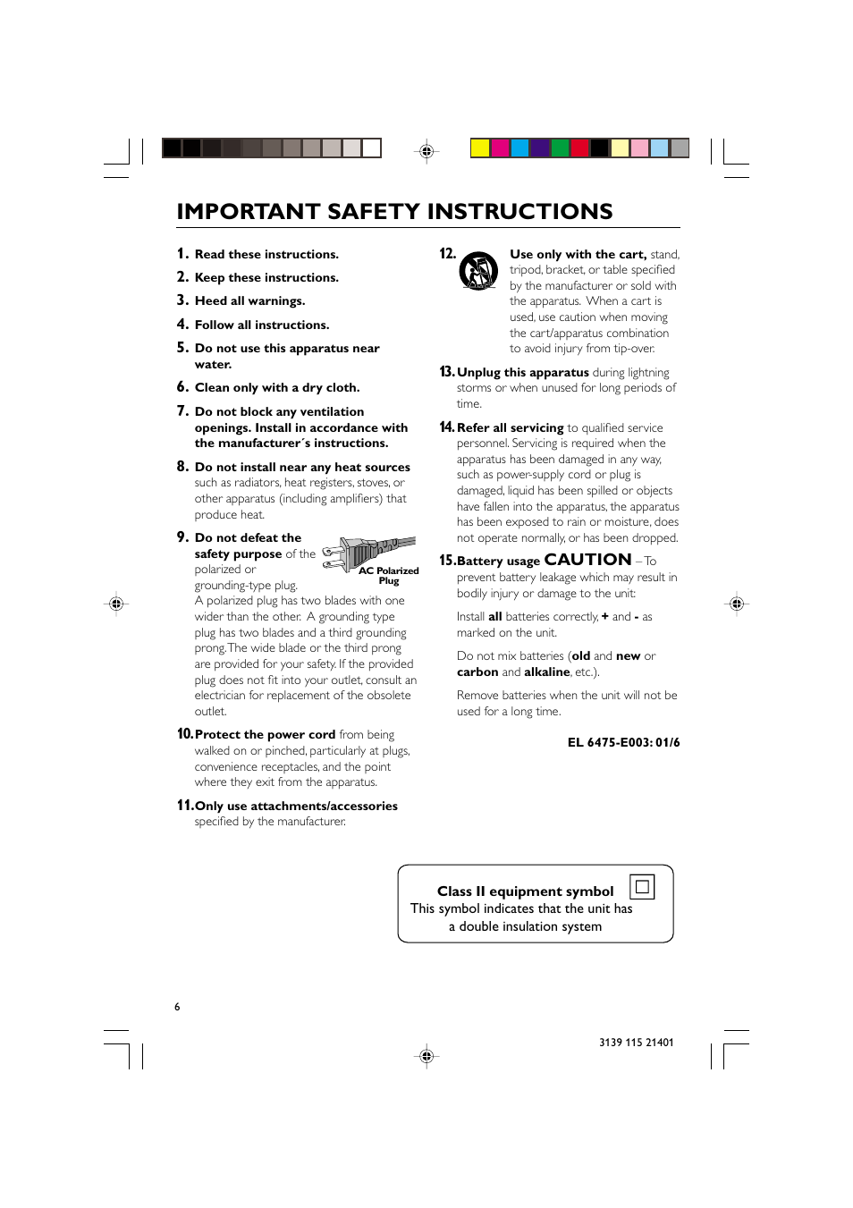Important safety instructions, Caution | Philips FW-M355 User Manual | Page 6 / 31