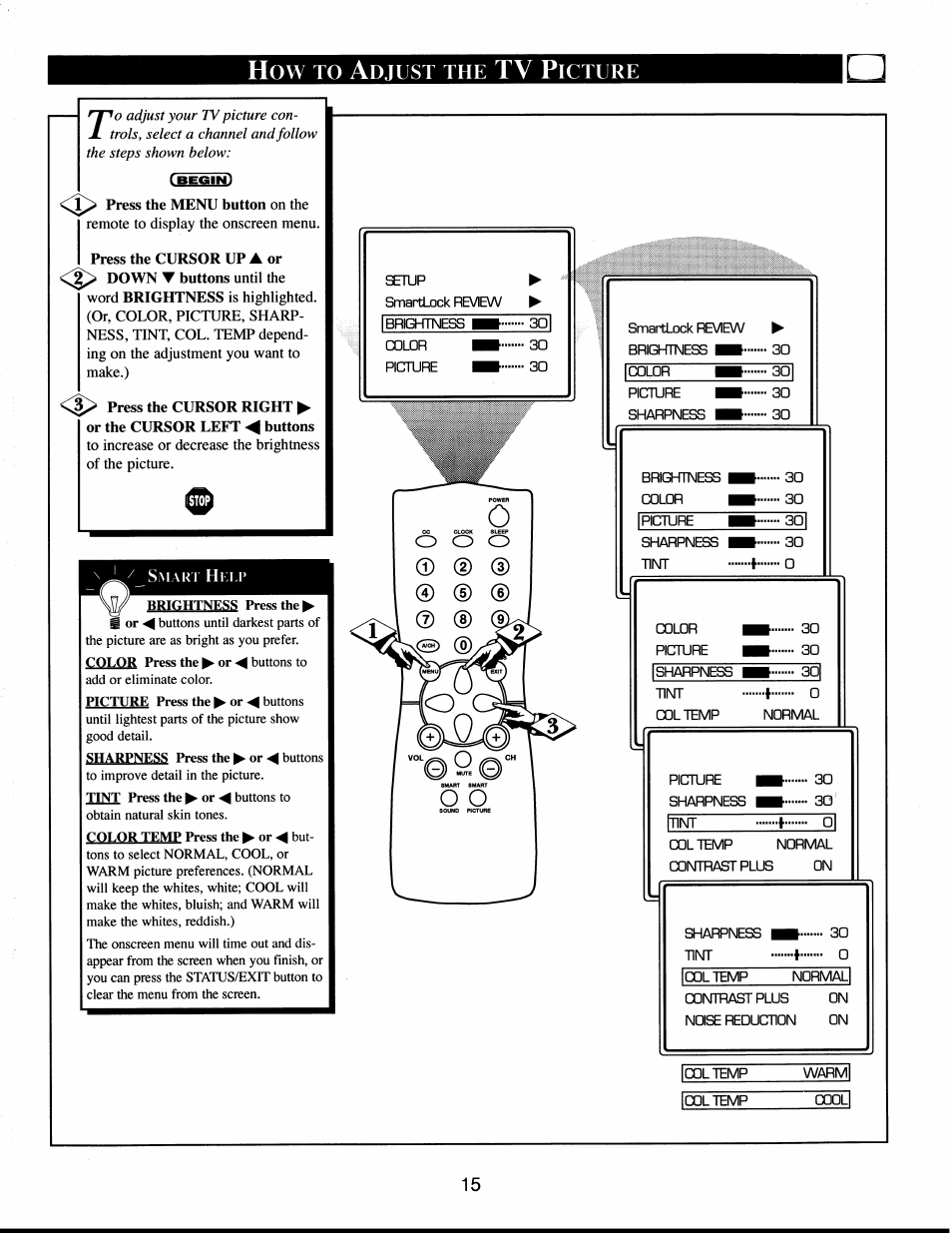 Press the menu button on the, Tv p, Djust | Icture | Philips XS1956CI User Manual | Page 15 / 40