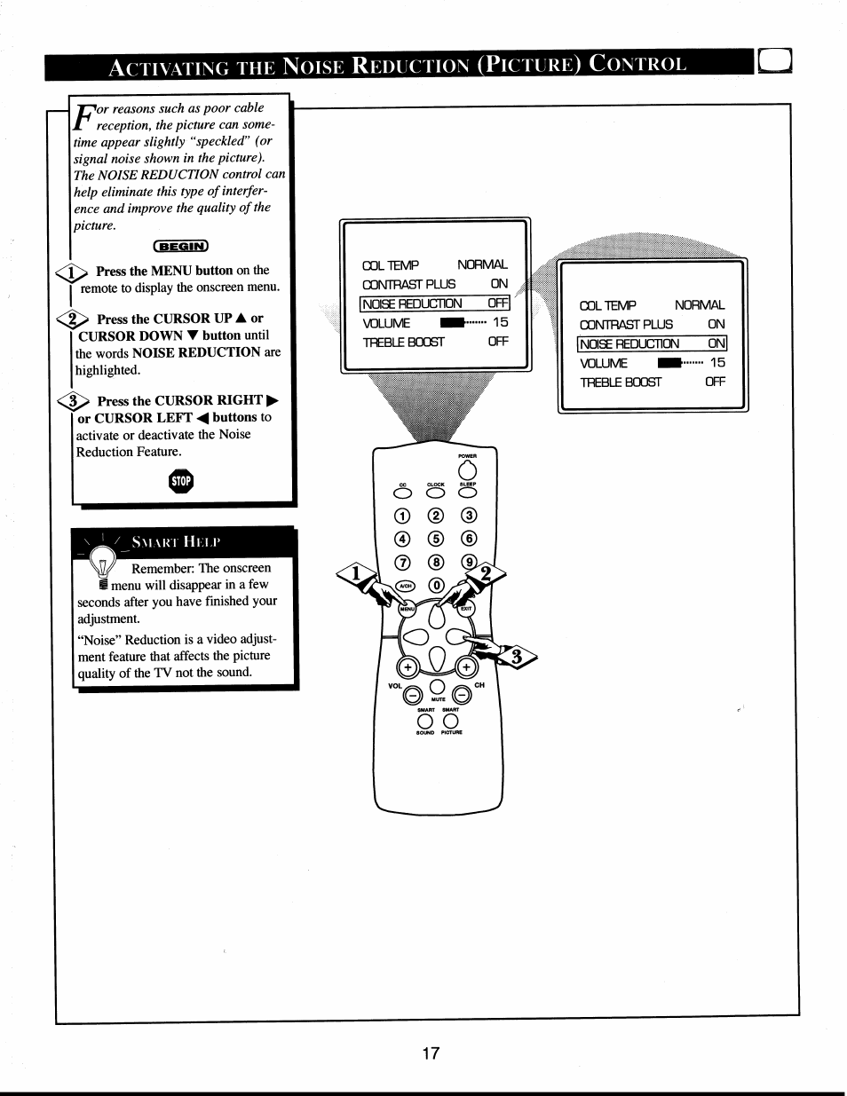 Activating the noise reduction (picture) controu | Philips XS1956CI User Manual | Page 17 / 40