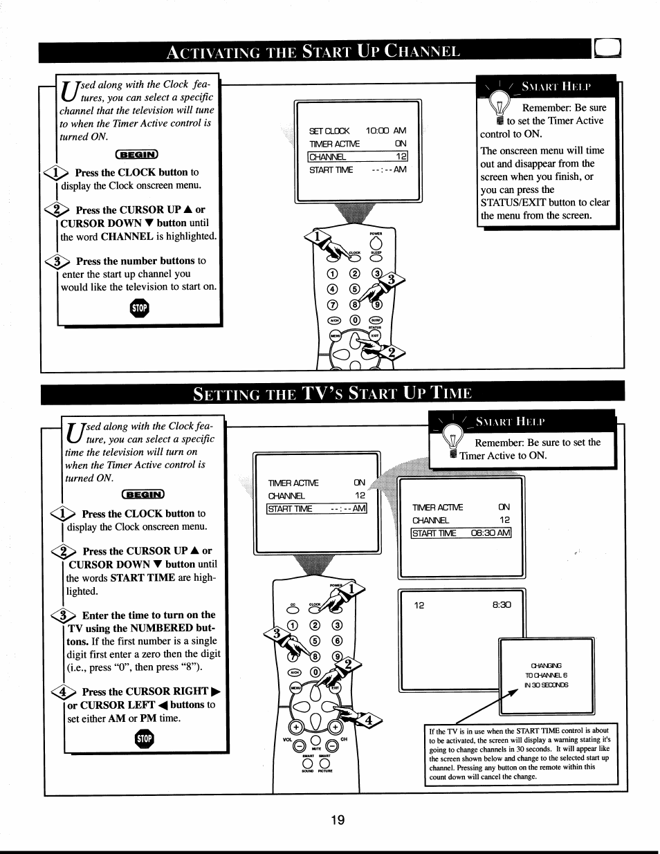 Setting the tv’s start up time, Setting the tv’s start time control, Tv’s | Philips XS1956CI User Manual | Page 19 / 40