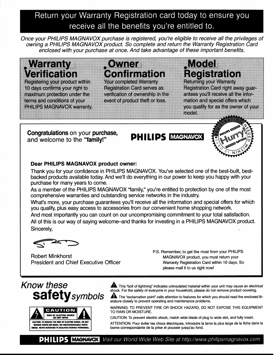 Philips, F gty, Warranty i verification , owner i confirmation | Modeii registration, Know these, Symbols | Philips XS1956CI User Manual | Page 2 / 40