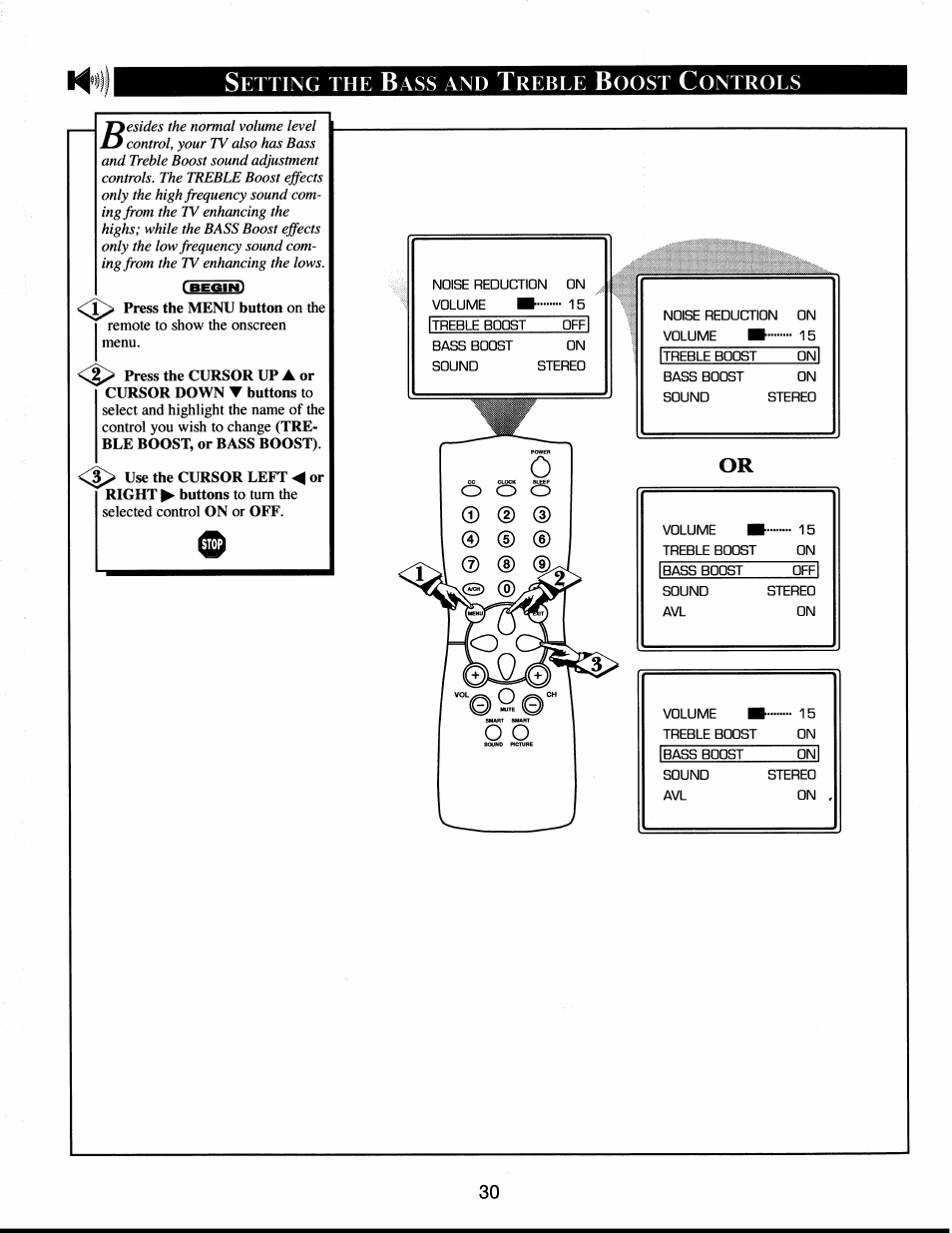 Setting the bass and treble boost controls, Press the menu button on the, Hi s | Etting, Reble, Oost, Ontrols | Philips XS1956CI User Manual | Page 30 / 40