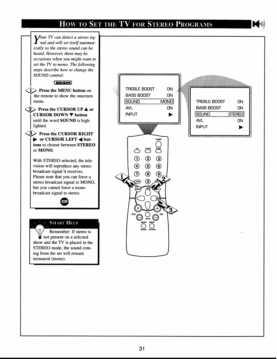 How to set the tv eor stereo programs, Press the menu button on, Press the cursor up a or cursor down t button | Setting the tv for stereo programs | Philips XS1956CI User Manual | Page 31 / 40