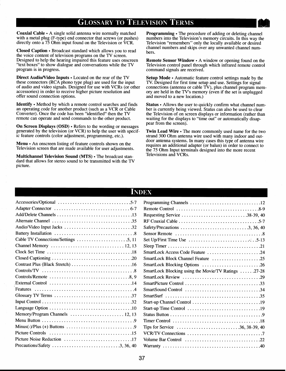 Glossary to television terms, Index, Glossary of tv terms | Lossary, Elevision, Erms, Ndex | Philips XS1956CI User Manual | Page 37 / 40