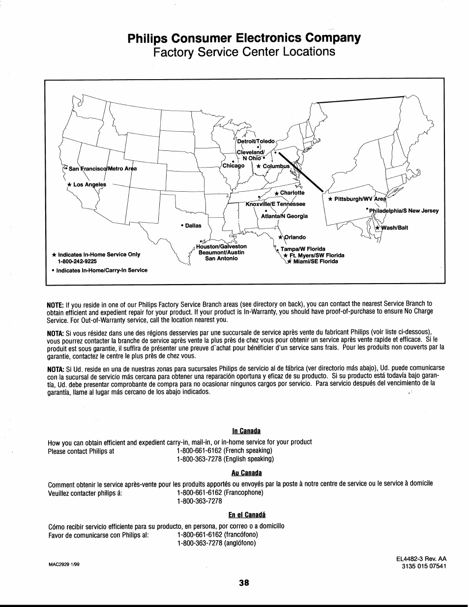 In canada, Au canada, En el canadá | Factory service center locations, Philips consumer electronics company | Philips XS1956CI User Manual | Page 38 / 40