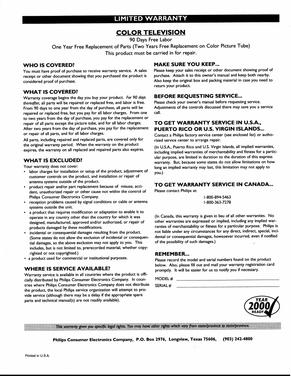 Who is covered, What is covered, What is excluded | Where is service available, Make sure you keep, Before requesting service, To get warranty service in canada, Remember, 2000i, Color television | Philips XS1956CI User Manual | Page 40 / 40