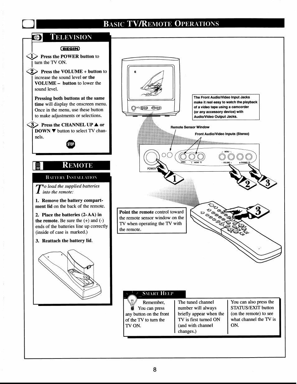 Y television, Press the power button to, Press the volume + button to | Remote, Reattach the battery lid, Tv/r | Philips XS1956CI User Manual | Page 8 / 40