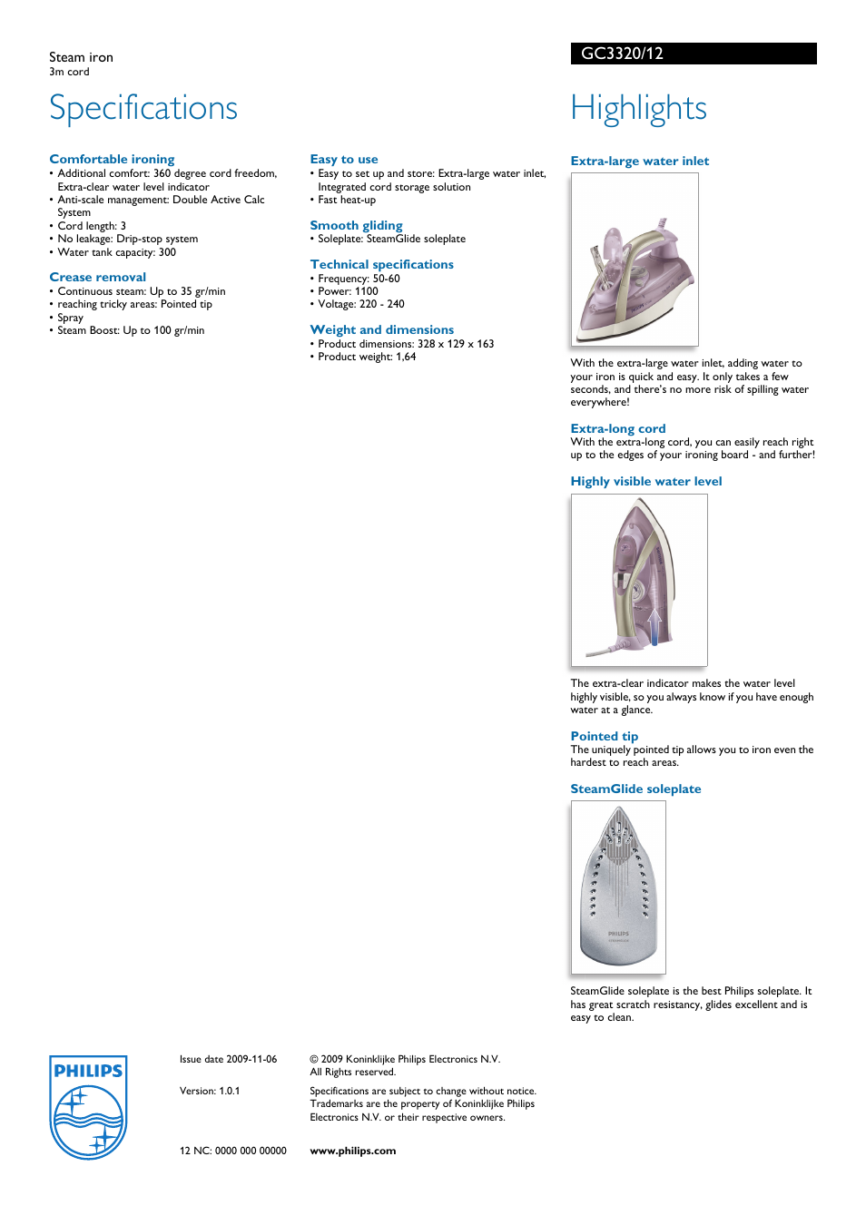 Specifications, Highlights | Philips GC3320 User Manual | Page 2 / 2