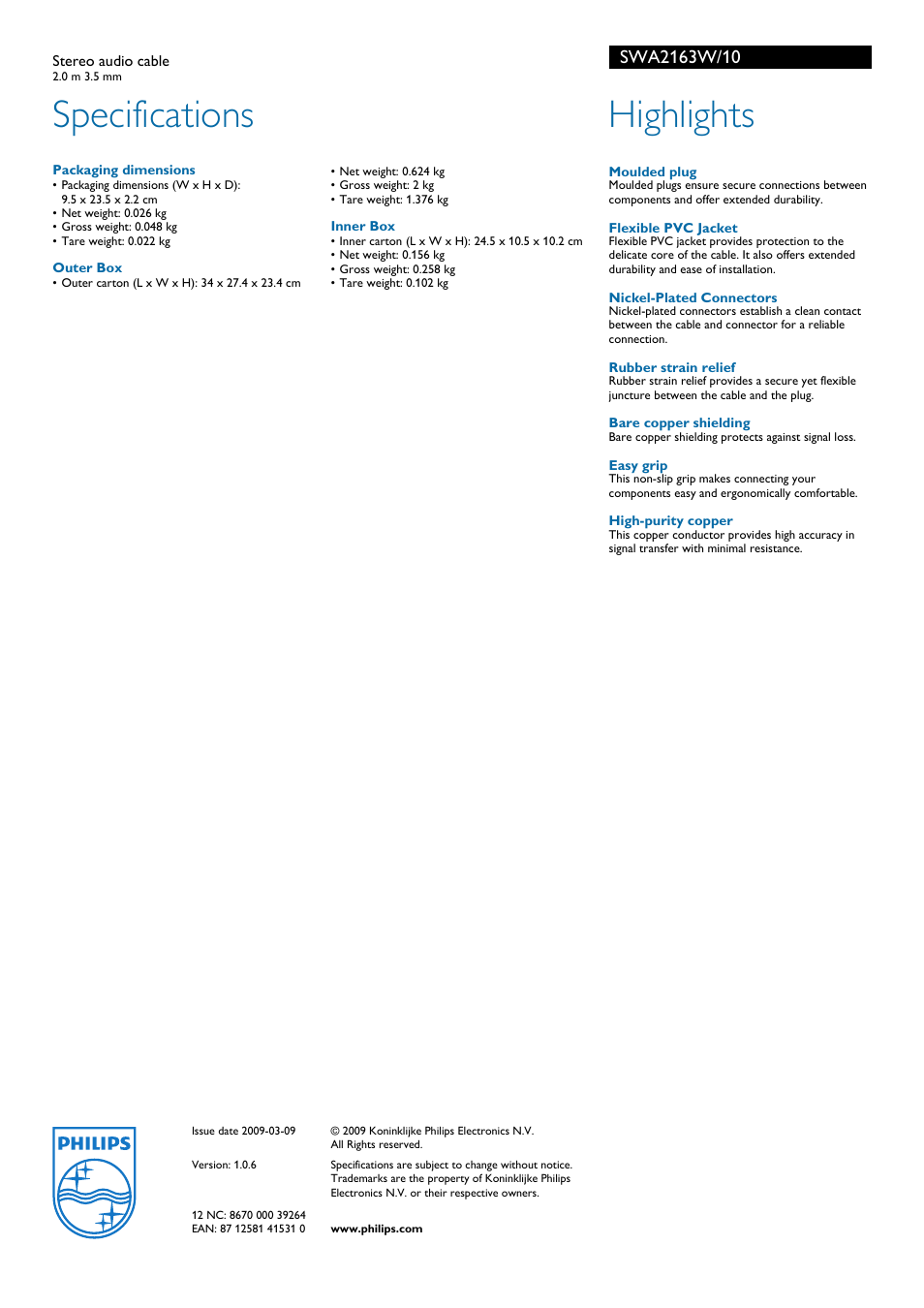 Specifications, Highlights | Philips SWA2163W User Manual | Page 2 / 2