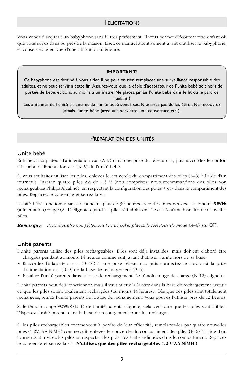 Unité bébé, Unité parents | Philips SC364 User Manual | Page 10 / 75