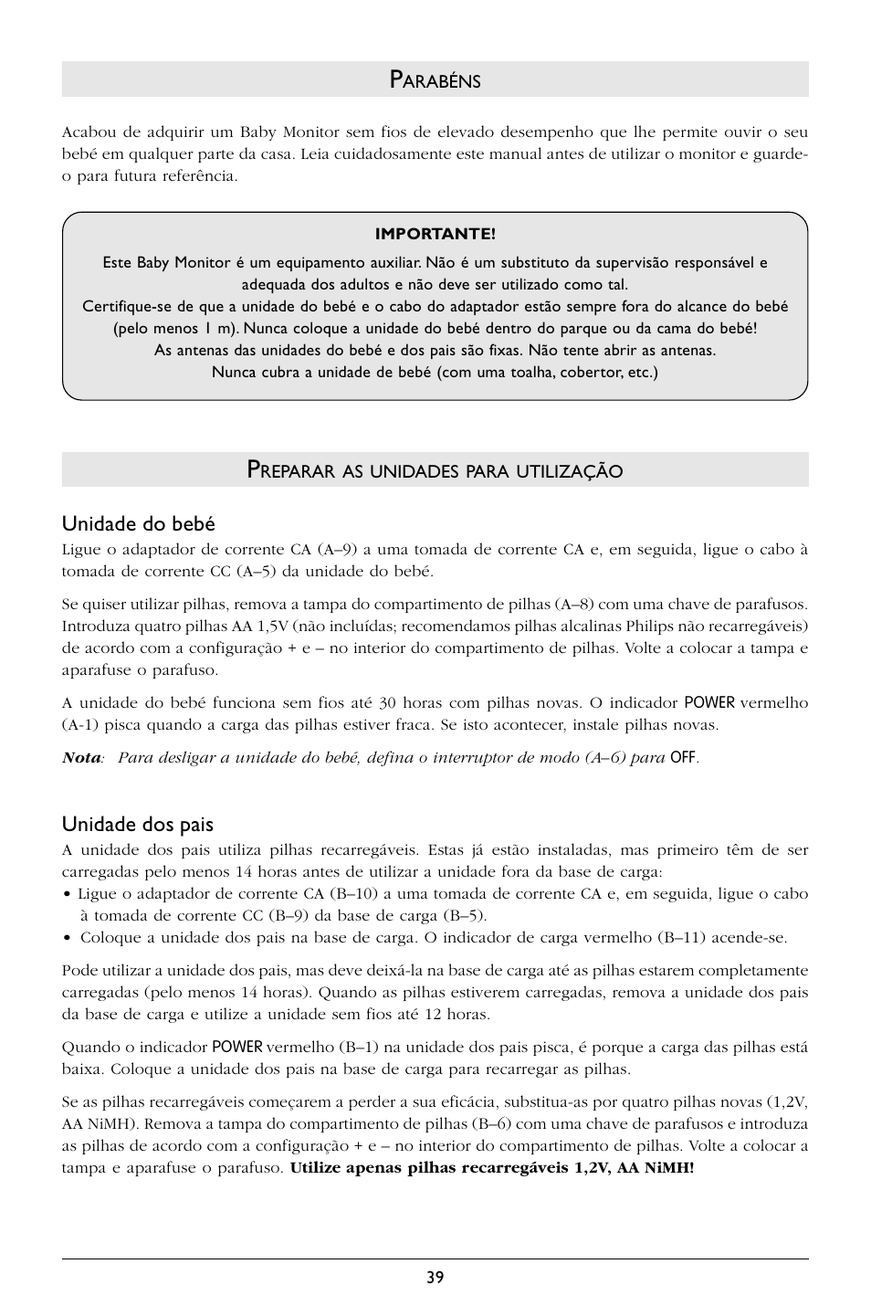 Unidade do bebé, Unidade dos pais | Philips SC364 User Manual | Page 40 / 75