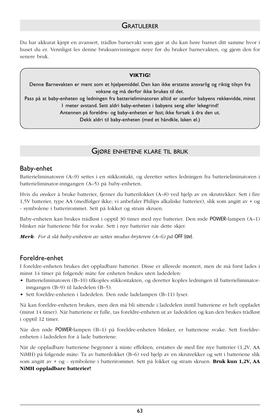 Baby-enhet, Foreldre-enhet | Philips SC364 User Manual | Page 64 / 75