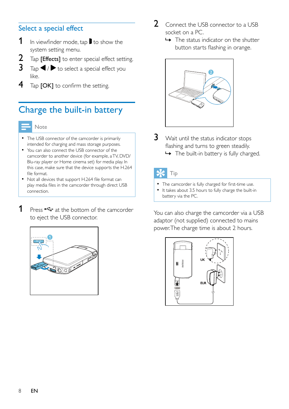 Charge the built-in battery | Philips CAM300 User Manual | Page 10 / 22