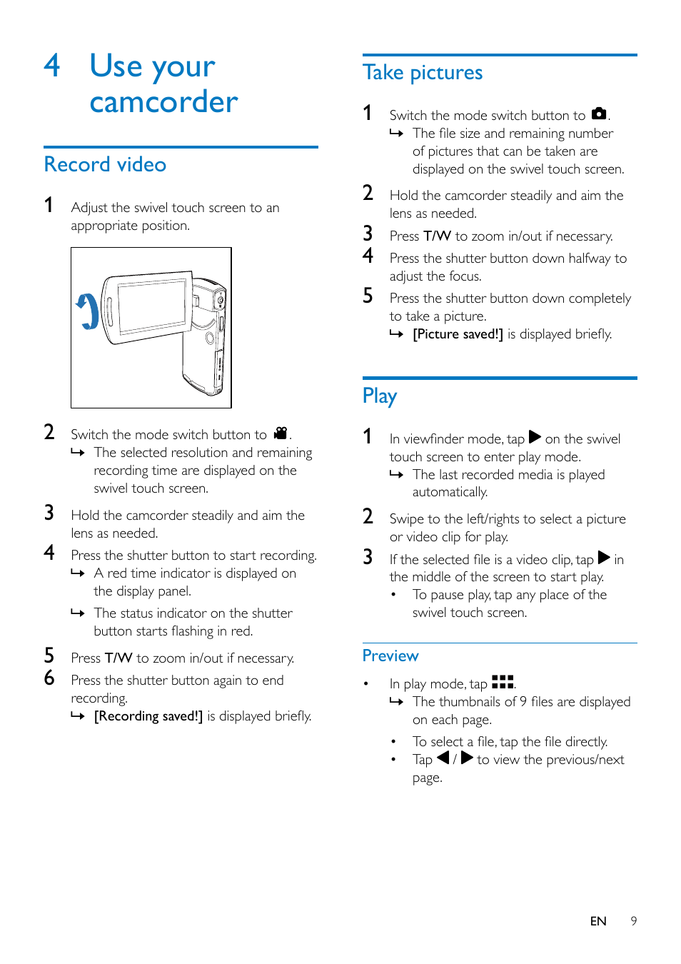 4 use your camcorder, Record video, Take pictures | Play, Play 9, Record video 1, Take pictures 1, Play 1 | Philips CAM300 User Manual | Page 11 / 22