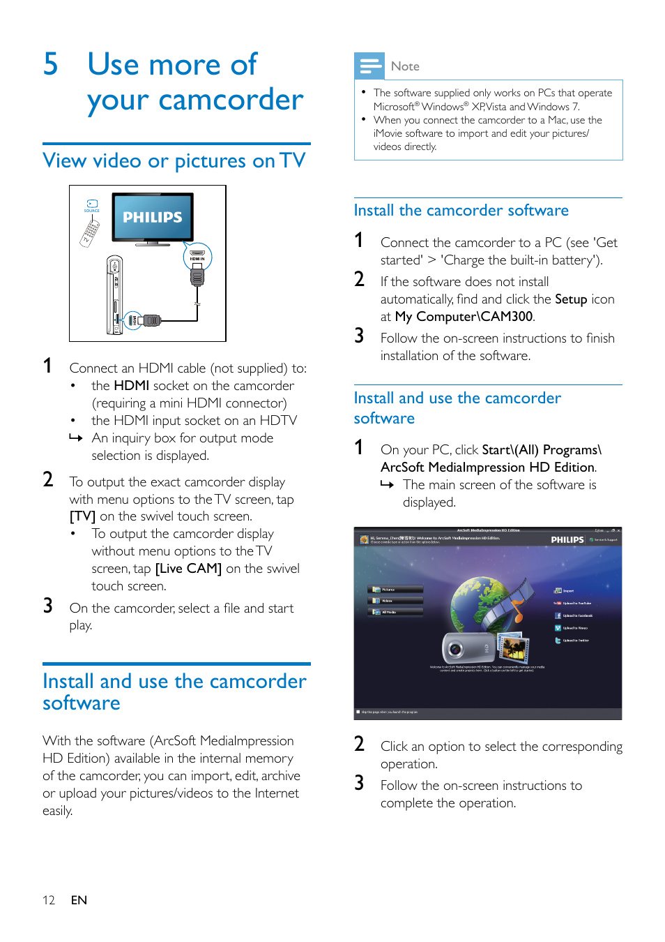 5 use more of your camcorder, View video or pictures on tv, Install and use the camcorder software | Install and use the camcorder software 12 | Philips CAM300 User Manual | Page 14 / 22