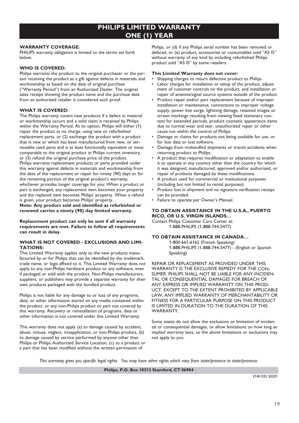 Philips limited warranty one (1) year | Philips CAM300 User Manual | Page 21 / 22