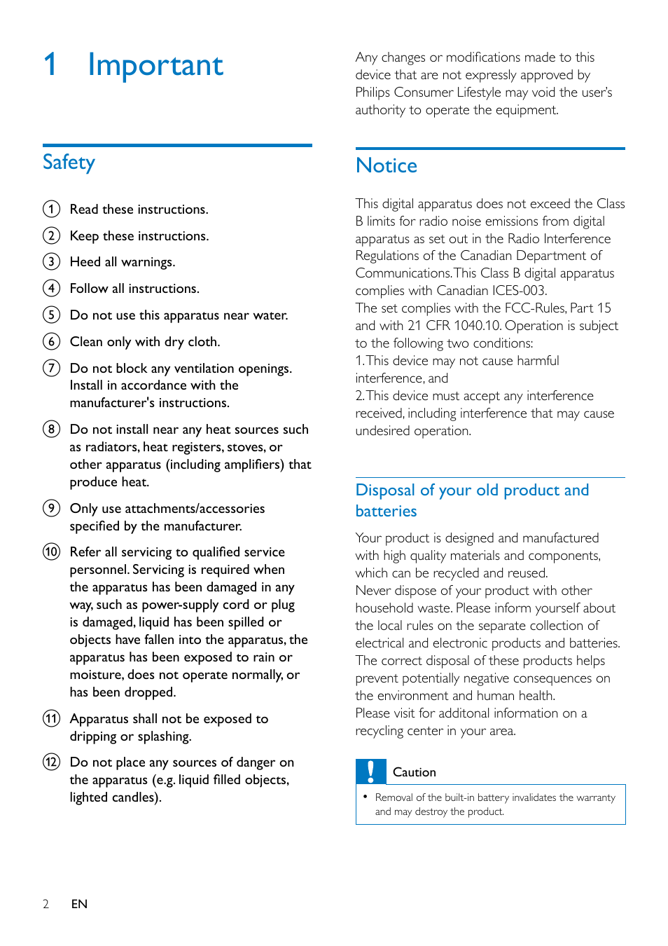 1 important, Safety, Notice | Safety 2, Notice 2, Disposal of your old product and batteries | Philips CAM300 User Manual | Page 4 / 22