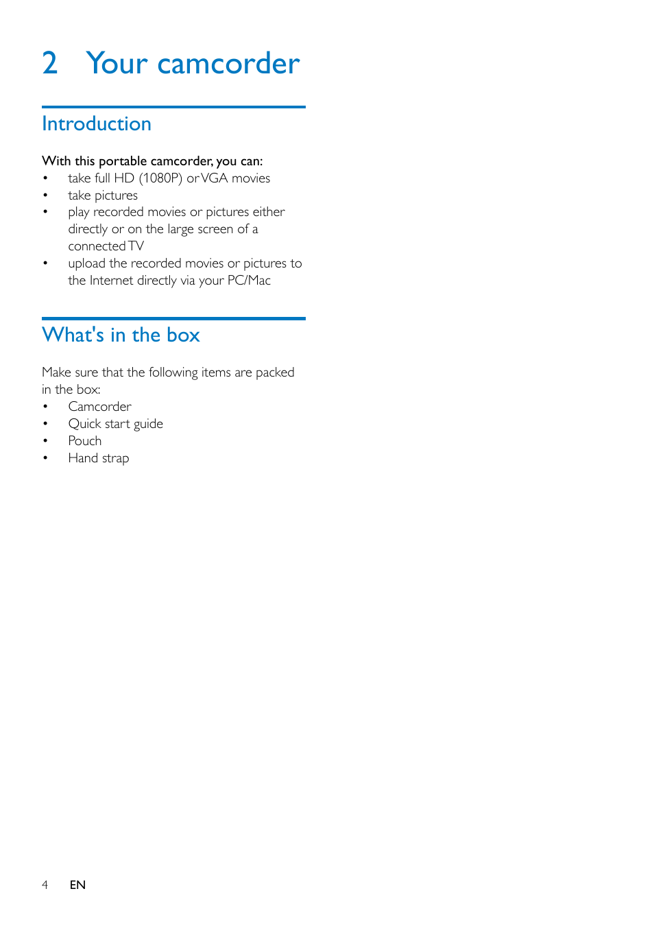 2 your camcorder, Introduction, What's in the box | Introduction 4 | Philips CAM300 User Manual | Page 6 / 22