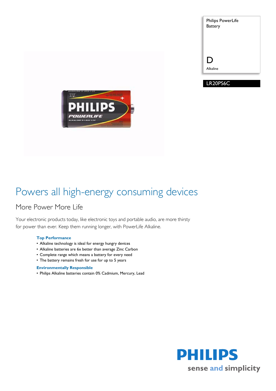 Philips Power Life LR20PS6C User Manual | 2 pages