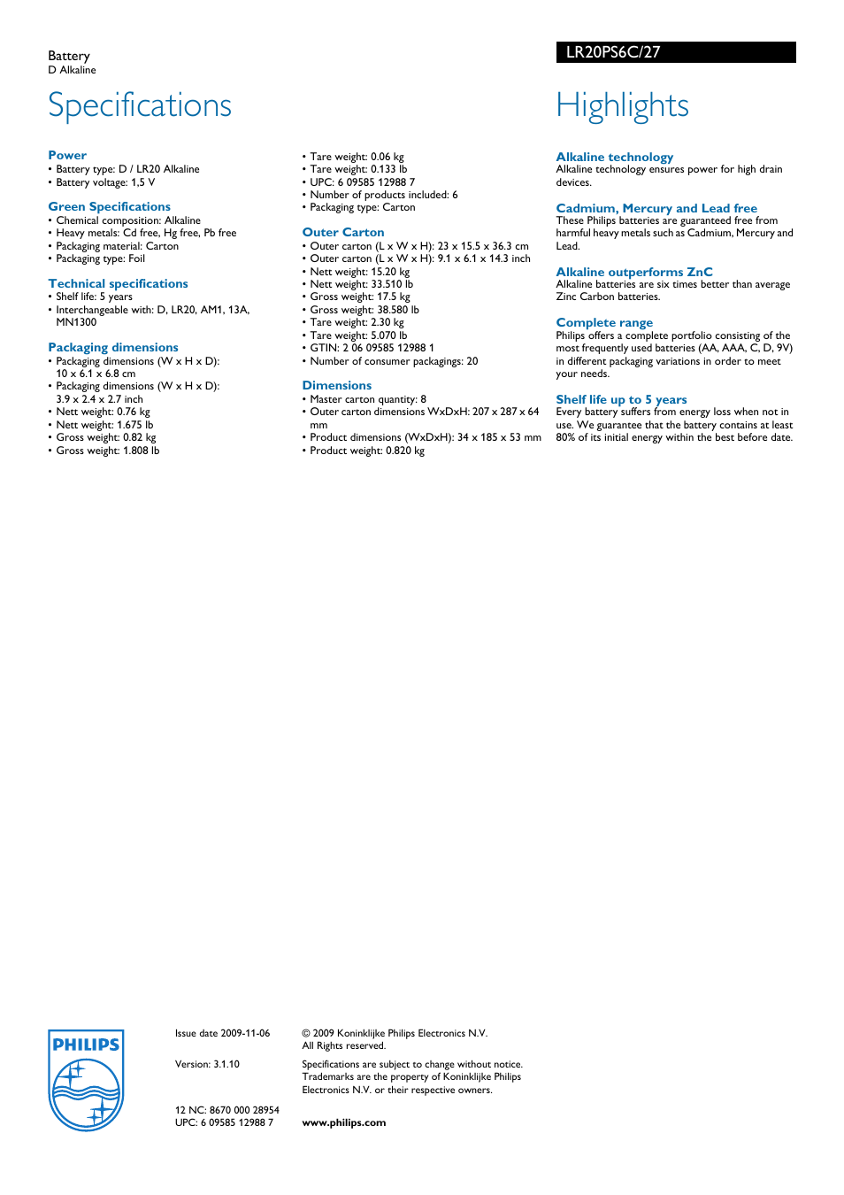 Specifications, Highlights | Philips Power Life LR20PS6C User Manual | Page 2 / 2