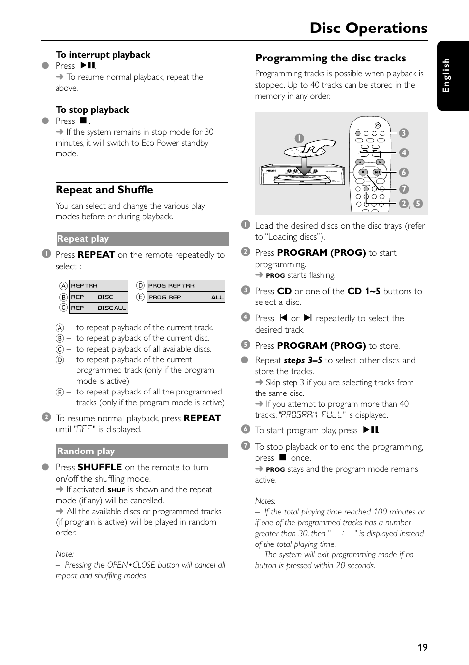 Disc operations, Repeat and shuffle, Programming the disc tracks | Philips FW-C557/37 User Manual | Page 19 / 26