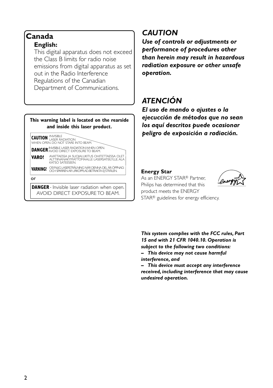 Canada, Caution, Atención | Philips FW-C557/37 User Manual | Page 2 / 26