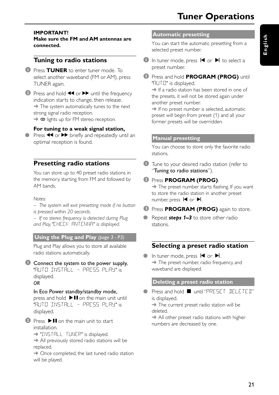 Tuner operations | Philips FW-C557/37 User Manual | Page 21 / 26