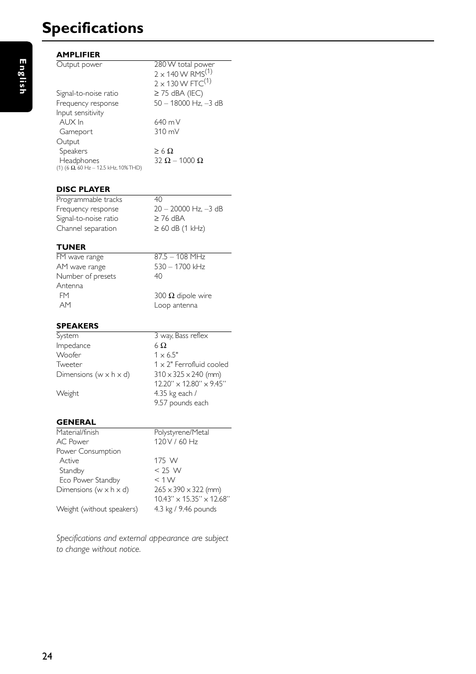 Specifications | Philips FW-C557/37 User Manual | Page 24 / 26