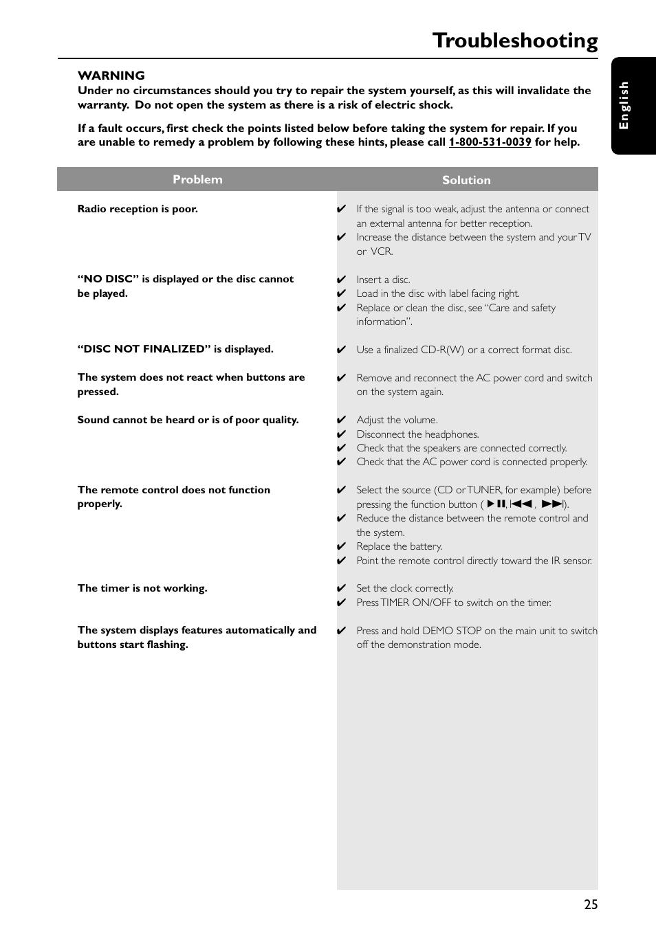 Troubleshooting | Philips FW-C557/37 User Manual | Page 25 / 26
