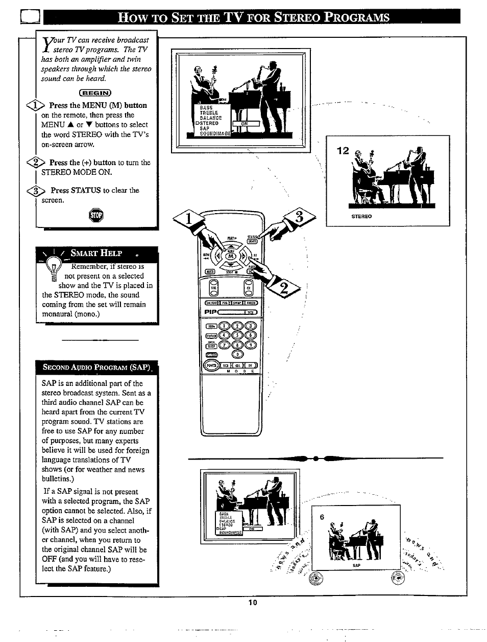 How to set the tv for stereo programs, Setting the tv for stereo/sap programs, How to s | Philips TP3267C User Manual | Page 10 / 40