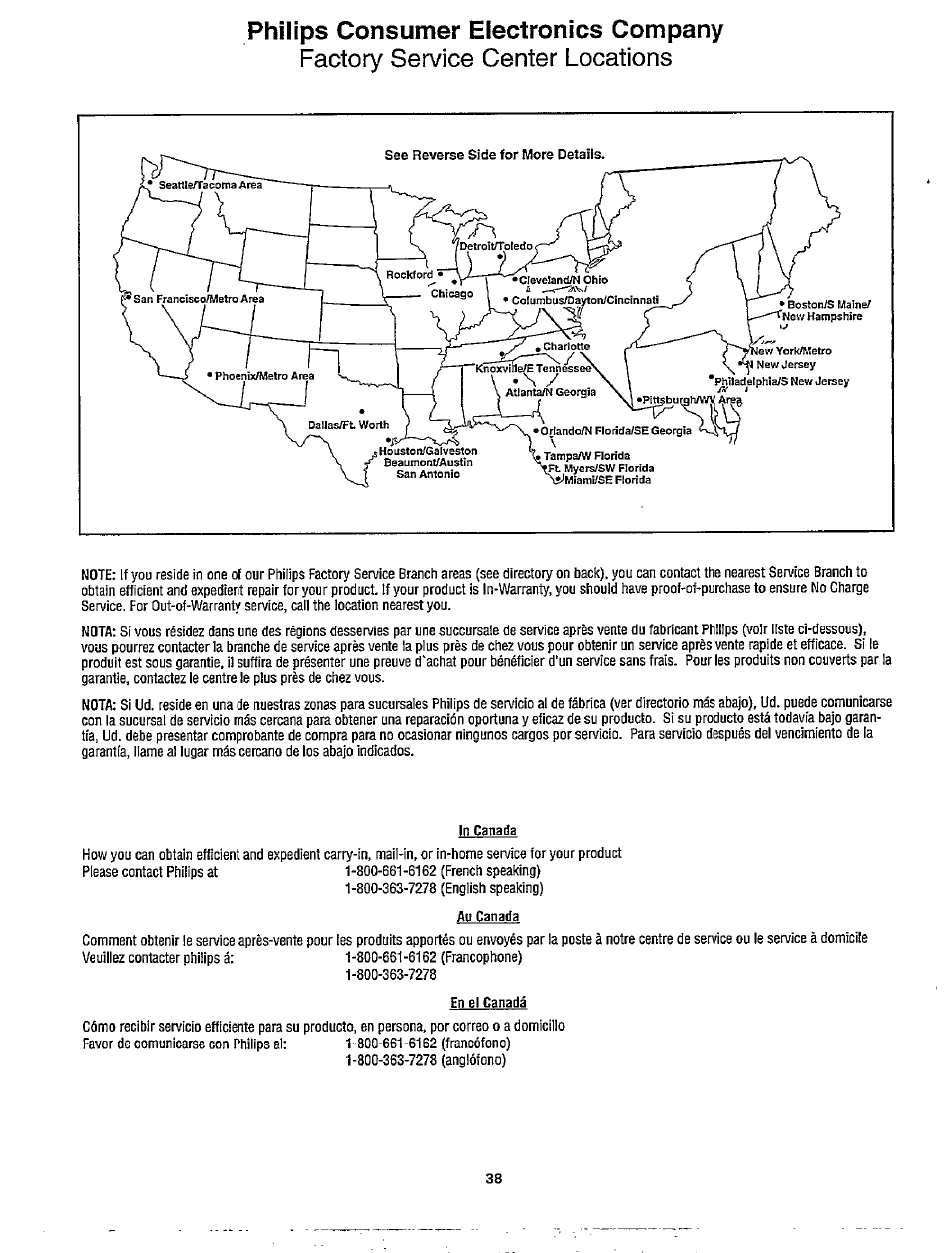 Philips consumer electronics company, Factory service center locations | Philips TP3267C User Manual | Page 38 / 40