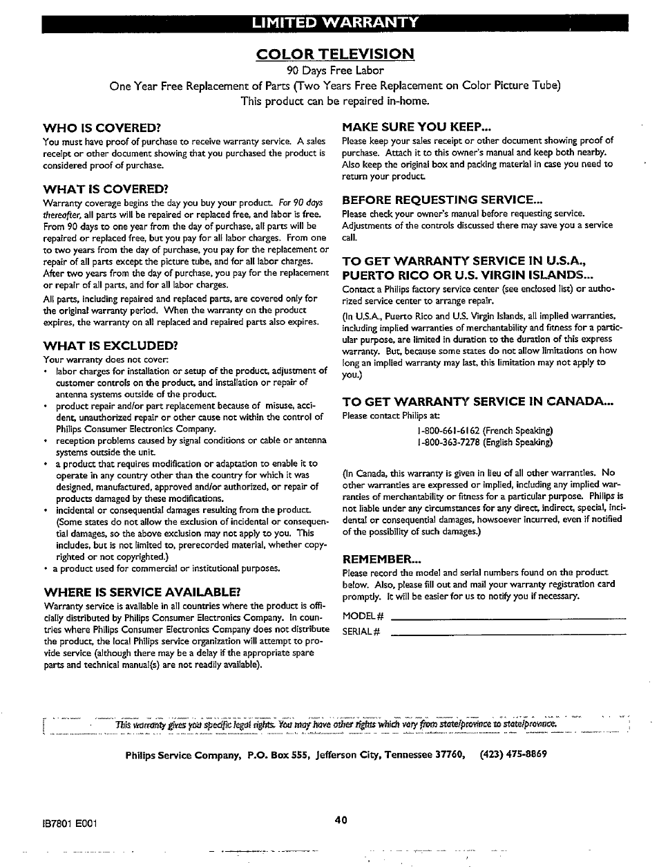 Limited warranty, Color television, Who is covered | What is covered, What is excluded, Where is service available, Make sure you keep, Before requesting service, To get warranty service in canada, Remember | Philips TP3267C User Manual | Page 40 / 40