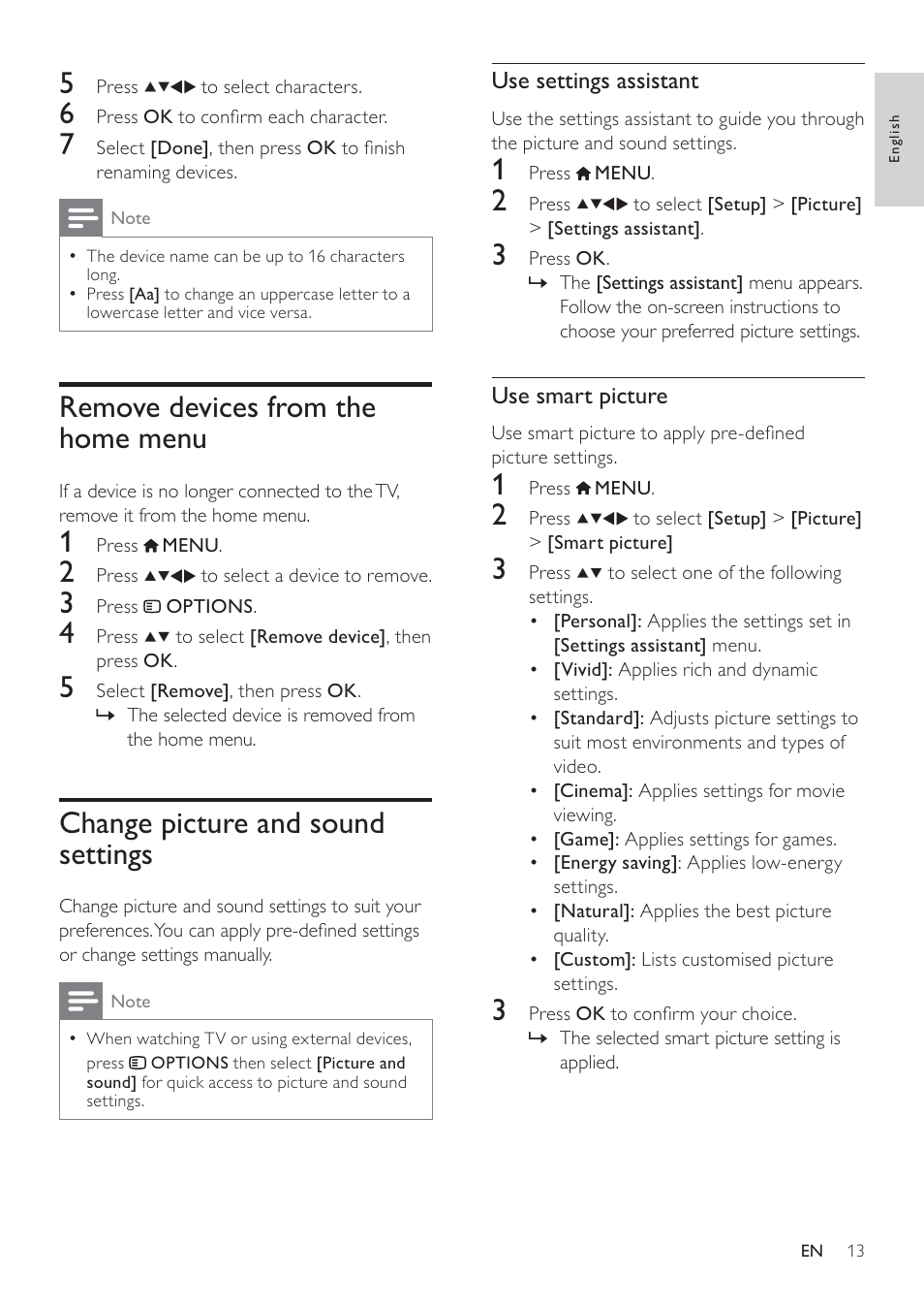 Remove devices from the home menu, Change picture and sound settings | Philips 19HFL3232D/10 User Manual | Page 15 / 56