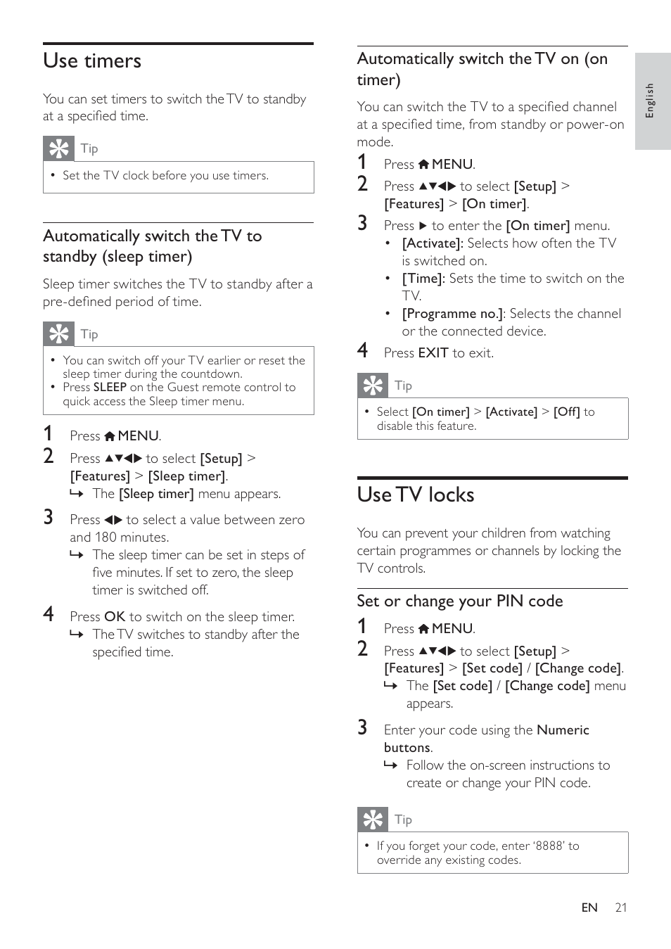 Use tv locks, Use timers | Philips 19HFL3232D/10 User Manual | Page 23 / 56