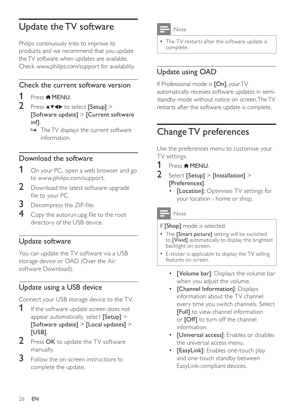 Change tv preferences, Update the tv software | Philips 19HFL3232D/10 User Manual | Page 28 / 56