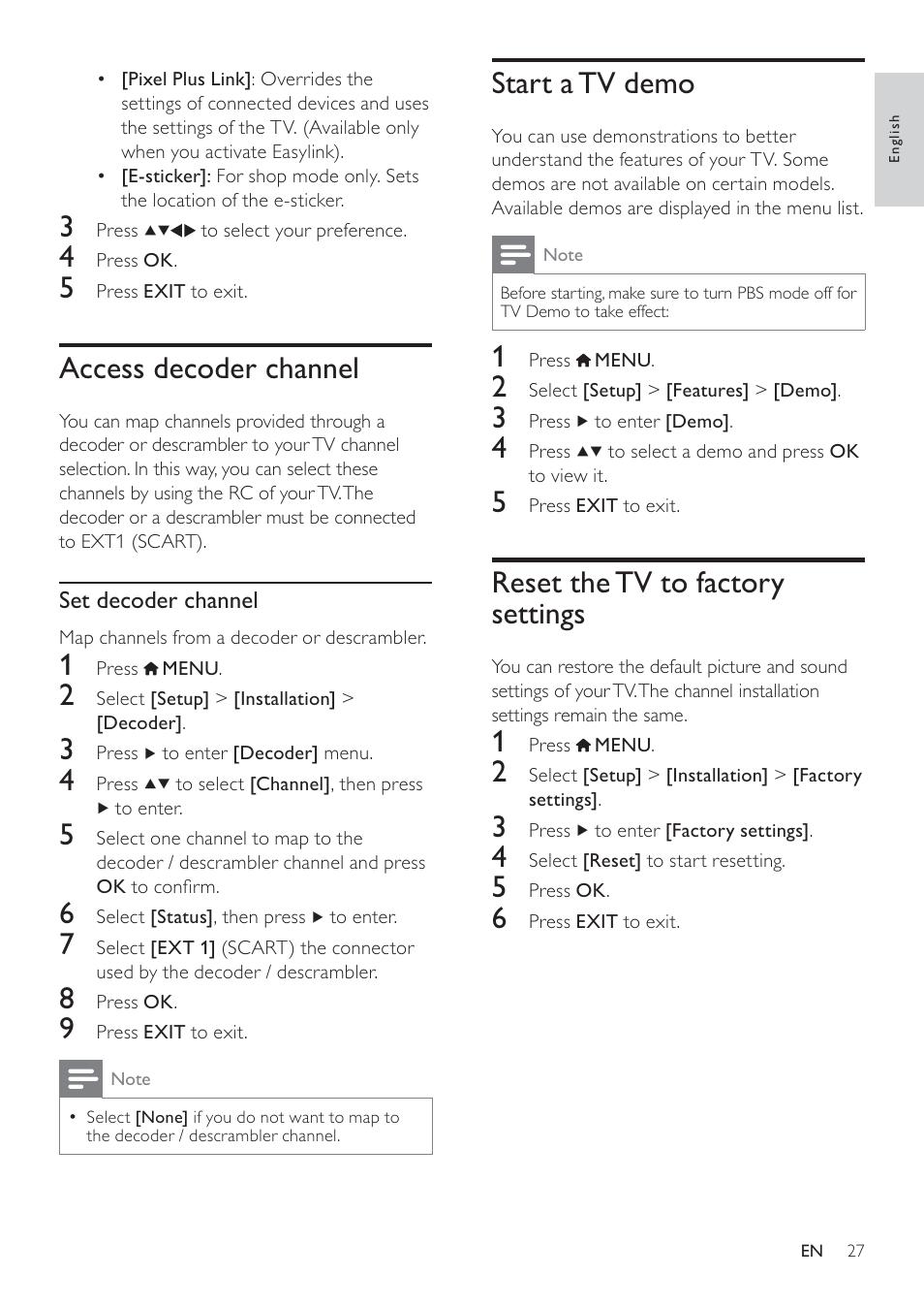 Start a tv demo, Reset the tv to factory settings, Access decoder channel | Philips 19HFL3232D/10 User Manual | Page 29 / 56