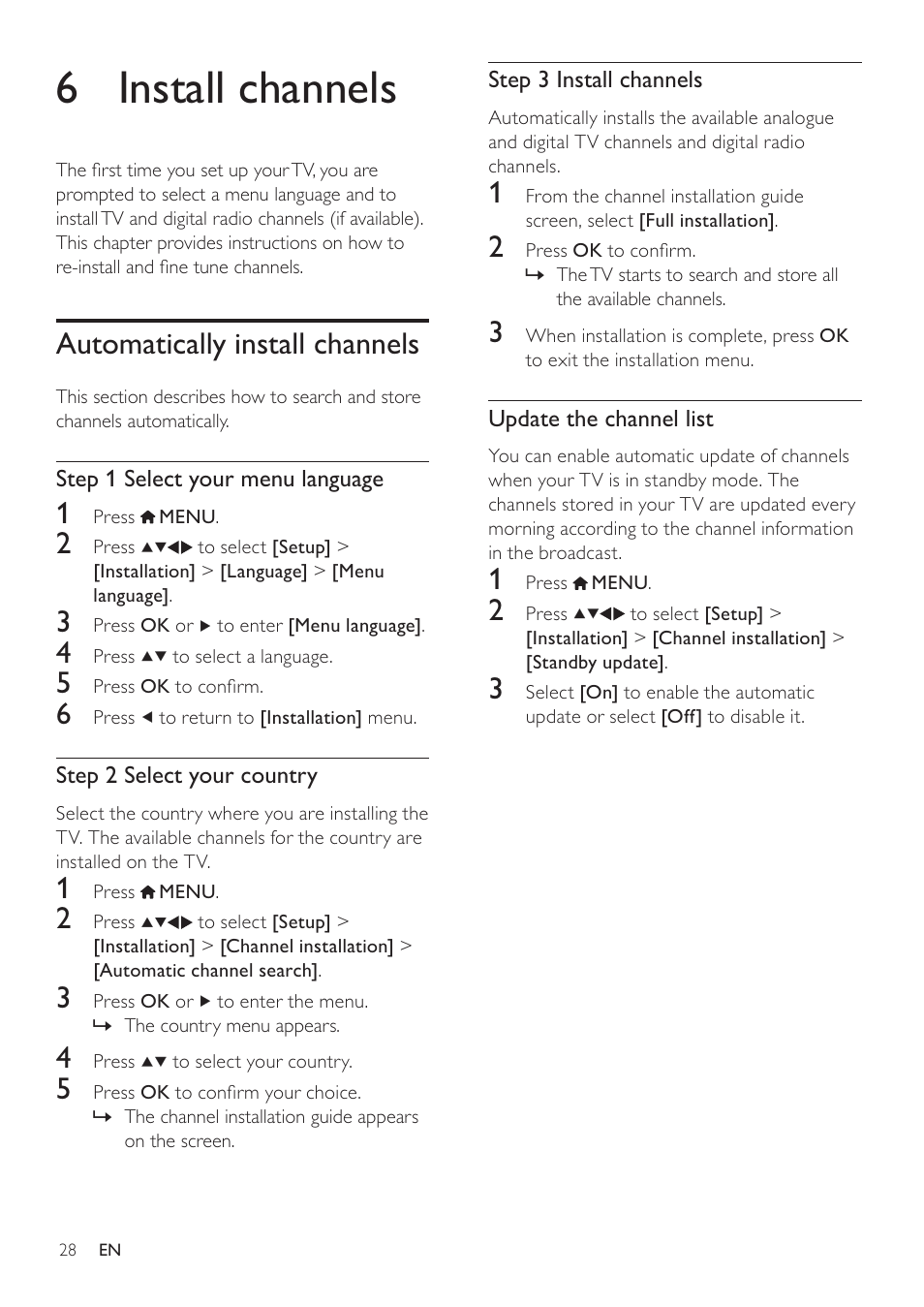 6 install channels, Automatically install channels | Philips 19HFL3232D/10 User Manual | Page 30 / 56