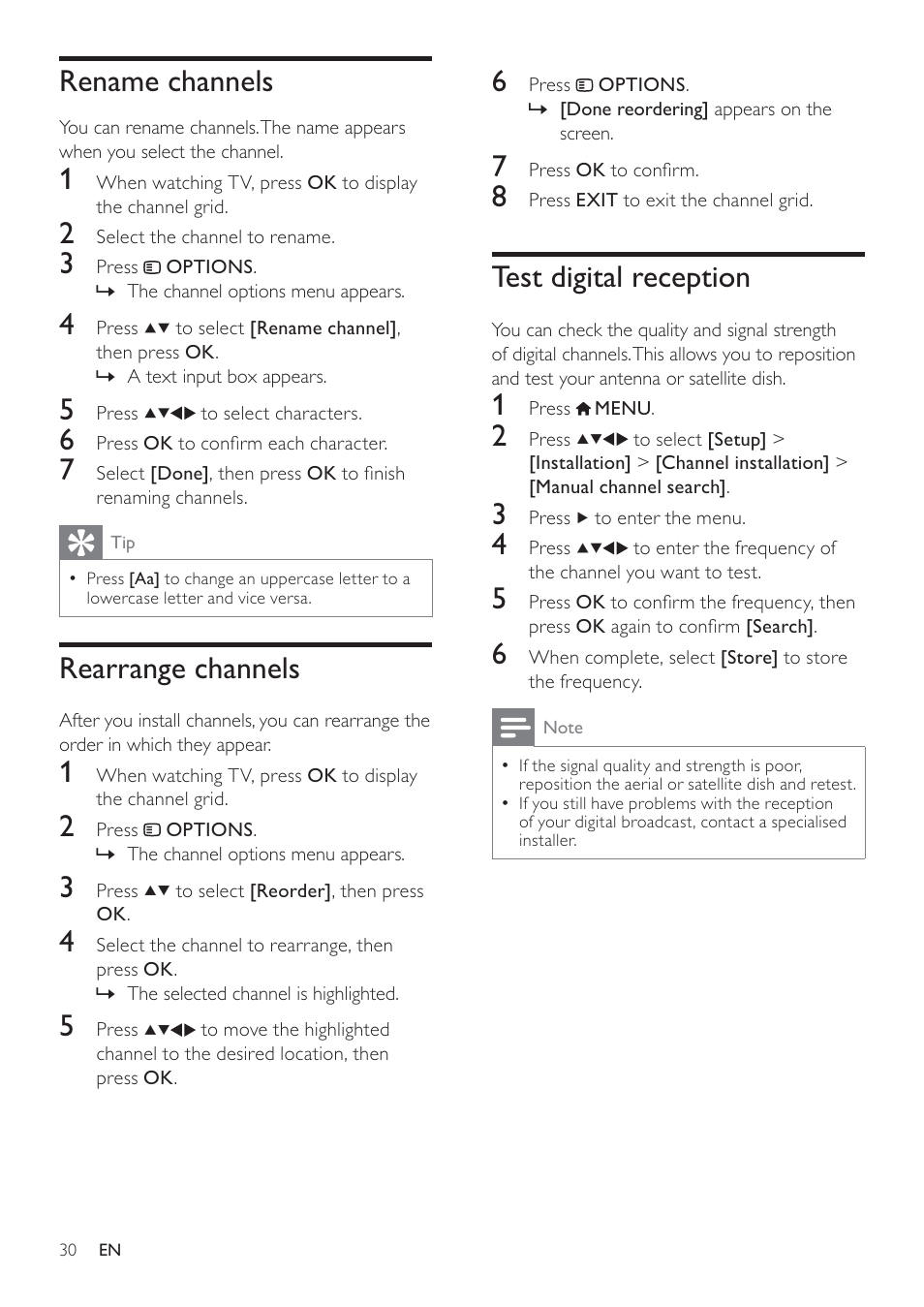 Test digital reception, Rename channels, Rearrange channels | Philips 19HFL3232D/10 User Manual | Page 32 / 56