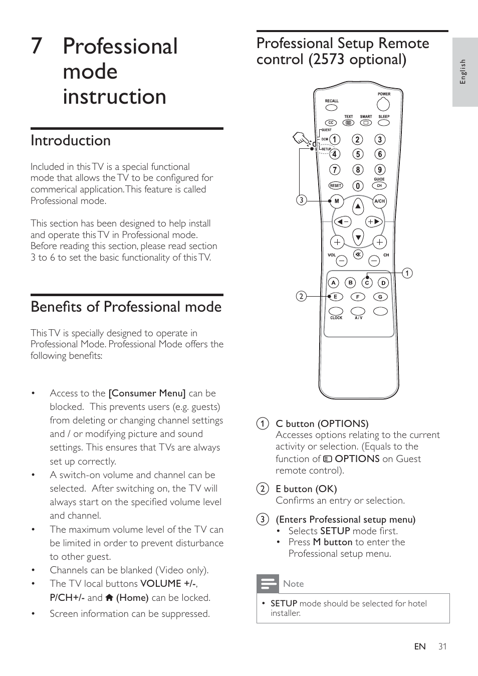 7 professional mode instruction, Introduction, Hqhàwv ri 3urihvvlrqdo prgh | Professional setup remote control (2573 optional) | Philips 19HFL3232D/10 User Manual | Page 33 / 56